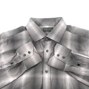 Thomas Dean Men's Shirt L Black Gray Gradient Plaid Long‎ Sleeve Button Front